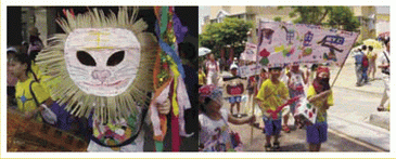 陽光國小的小朋友費盡心思裝扮，參與學校舉辦的社區大遊行。