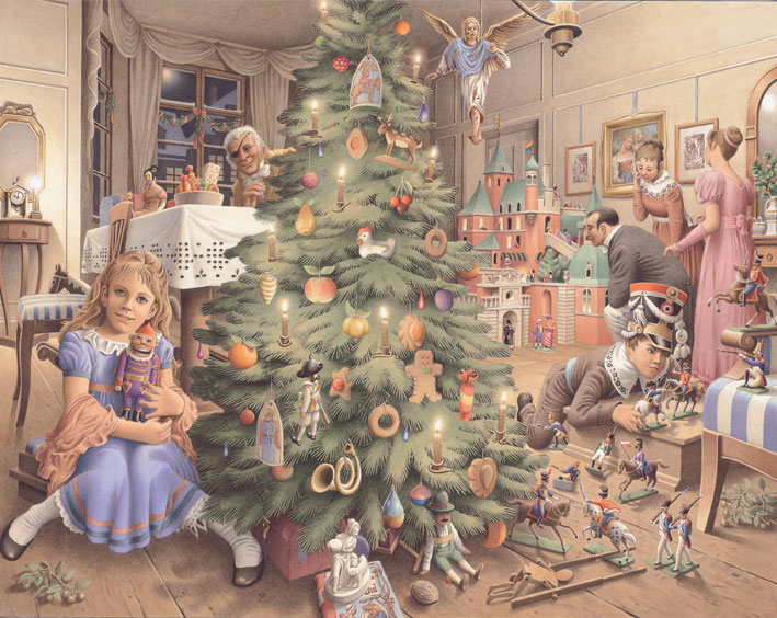 少女抱著胡桃鉗坐在聖誕樹旁，一家人很和樂的樣子