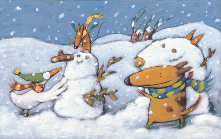 鴨子、黃狗、狐狸在堆雪人