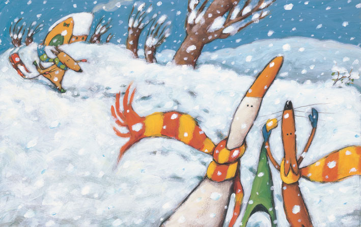 鴨子、黃狗、狐狸在雪中嬉戲