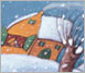 《茉莉村的冬天》大雪裡的小屋　34.5×56.5cm　壓克力、Fabriano 紙