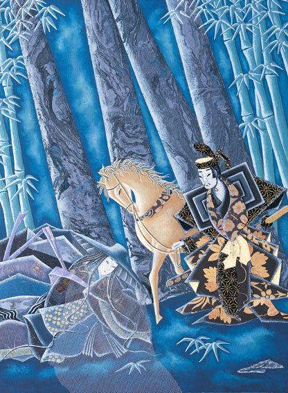 竹林裡，日本武士牽著馬與一個公主