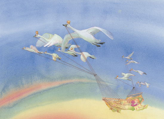 天鵝們拉著公主飛向天空
