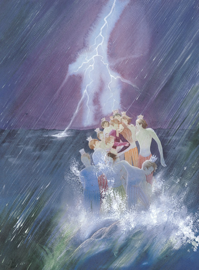 王子們將公主抱住，在暴風雨的海邊
