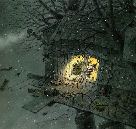 《小女巫們的聖誕樹》下雪的夜晚，屋子裡小巫女布置著聖誕樹