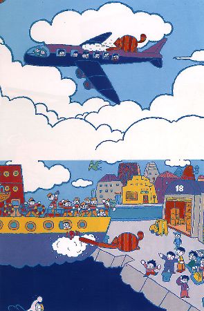兩幅畫，浣熊在洗飛機與船