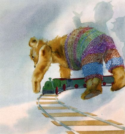 泰迪熊變成隧道，讓玩具火車從下面開過。
