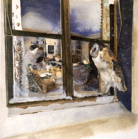 貓頭鷹看著窗內的人們吃晚餐