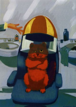 一隻紅色的貓囂張地坐在椅子美容院的椅子上