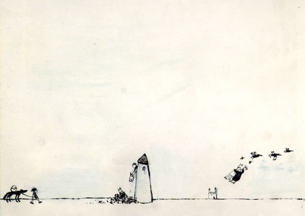 白色底黑色線條構成這幅畫，一個人牽著一隻，一座高塔上一個人將東西丟出，王子變成了鵝