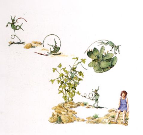 一個綠色的小人交小男孩種植物
