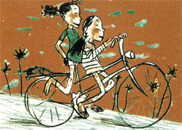 兩個小女孩騎著一台腳踏車