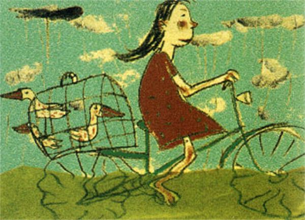 一個小女孩騎著腳踏車載著一籠鳥穿越泥濘的積水