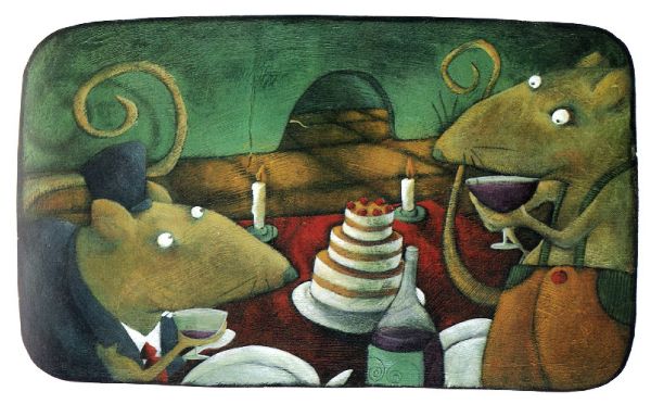 一隻穿著西裝的老鼠，另一隻穿著吊帶褲的老鼠，兩人吃著蛋糕喝著紅酒