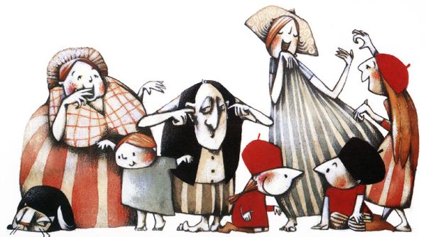 一群穿紅色直條紋裙子的婦人與小孩在嘻笑，站在中央的一個老人家摀住耳朵