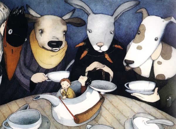 一群動物拿著茶杯，茶壺裡有個一個小小的男孩
