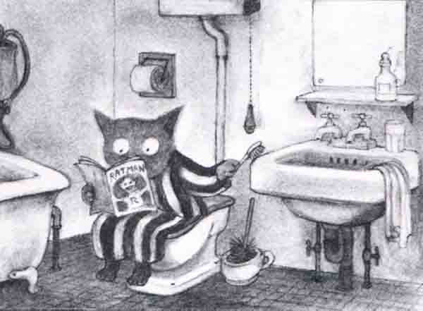貓咪穿著睡衣在廁所蹲馬桶看報紙兼刷牙