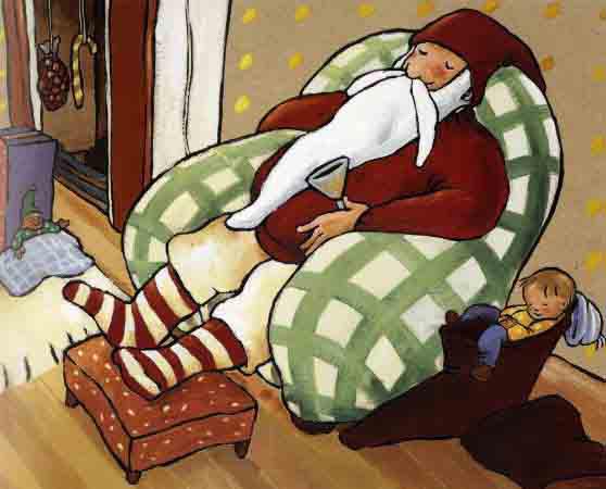 聖誕老人累的睡在沙發上，小男孩睡在聖誕老人的靴子上