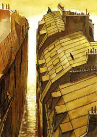 黃色系的畫面，蓋的密集的建築物旁的小巷子 