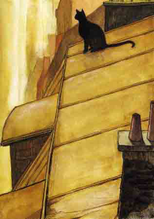 黃色系的畫面，屋頂上坐著一隻黑貓 