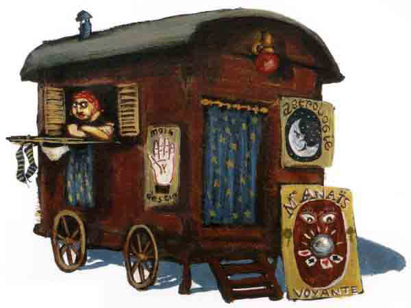 一台木製小屋，有著四個輪子，窗戶趴著一個戴著紅色頭巾的靈媒