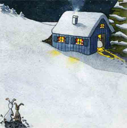 雪地一對兔子看著雪人走進了屋內