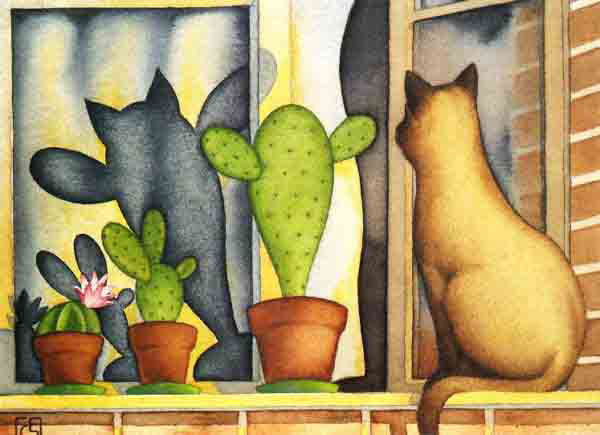 貓咪看著牆上的仙人掌盆栽