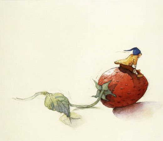 小小人坐在一顆草莓上