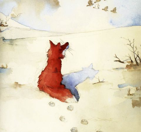 狐狸在雪地裡看著天空的鴨子