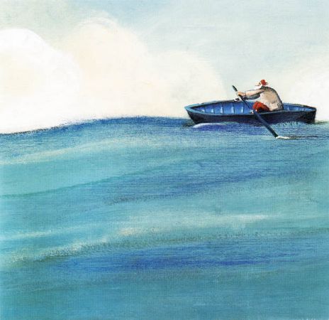一個人在蔚藍大海中划船