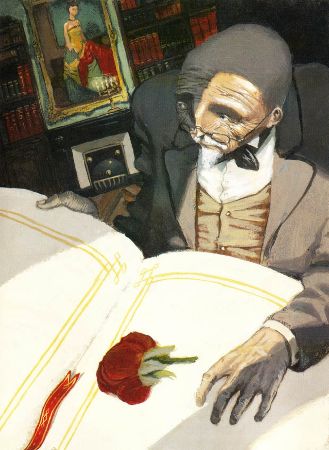 一個老人翻開了書本，書裡壓著一朵壓乾的玫瑰
