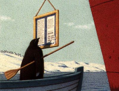 《南極，遙遠的知音》企鵝滑著小船靠近大船
