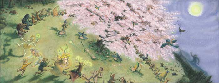 文章配圖:許多人跟動物們聚在櫻花樹下跳舞