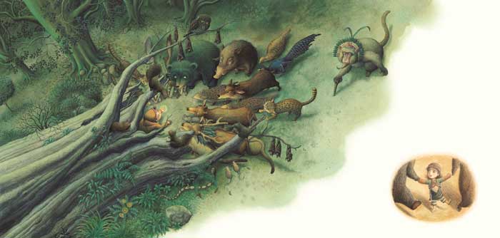 文章配圖:小孩爬出樹洞，樹洞外圍著一群小動物