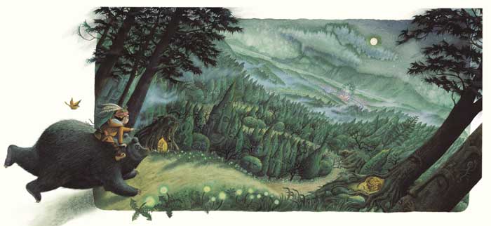 文章配圖:黑熊背著小男孩往森林前進