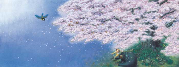 文章配圖:小男孩與黑熊看著盛開的櫻花樹