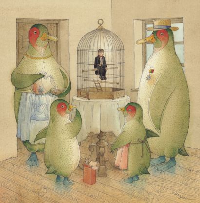 《人類的悲歌》企鵝家族圍著關著人的鳥籠