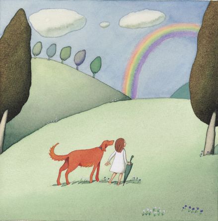 《畫畫》小狗與小女孩在草地上看彩虹
