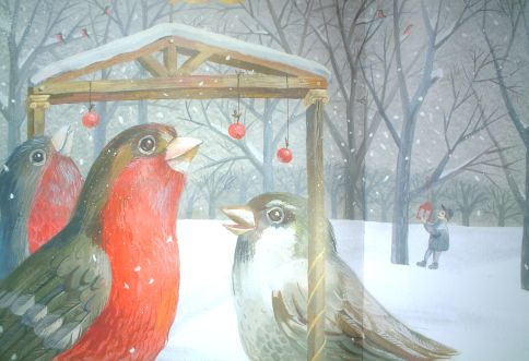 《溫暖》雪中的鳥兒看著人類