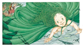 《巨人和春天》小女孩披著綠色披風飛上了天空
