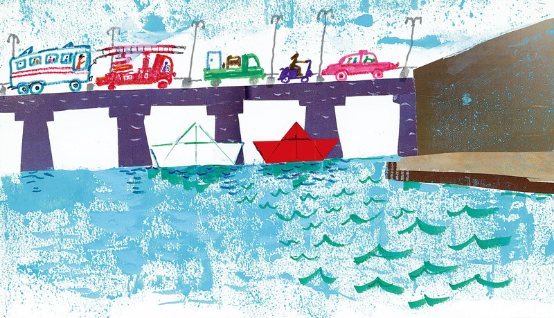 小紙船看海-小紙船在橋下挨在一起-圖畫敘述於下方文字解釋