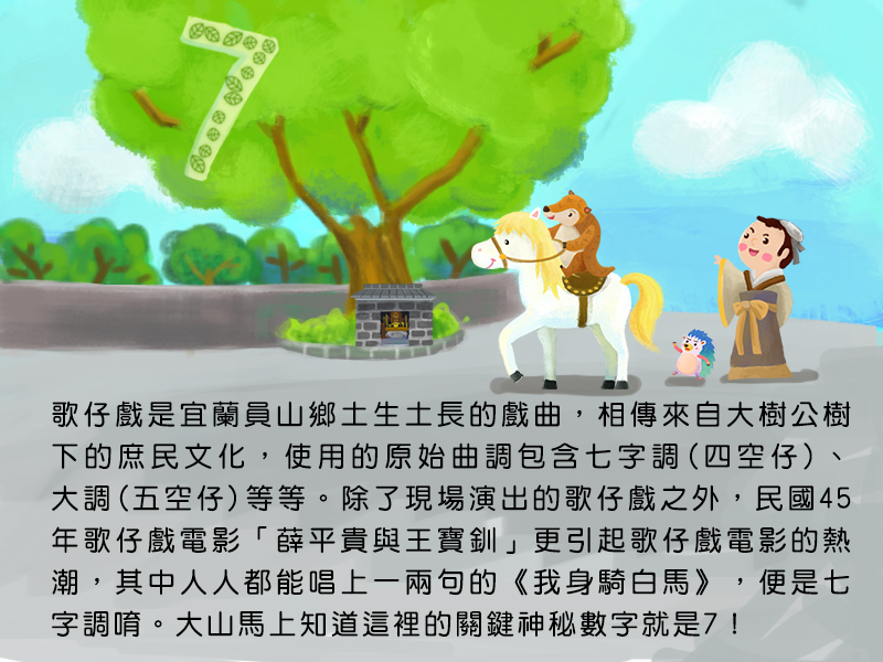 歌仔戲是宜蘭員山鄉土生土長的戲曲,相傳來自大樹公樹下的庶民文化,使用的原始曲調包含七字調:四空仔、大調:五空仔等等。除了現場演出的歌仔戲之外,民國45年歌仔戲電影薛平貴與王寶釧更引起歌仔戲電影的熱潮,其中人人都能唱上一兩句的我身騎白馬,便是七字調唷。大山馬上知道這裡的關鍵神秘數字就是7!