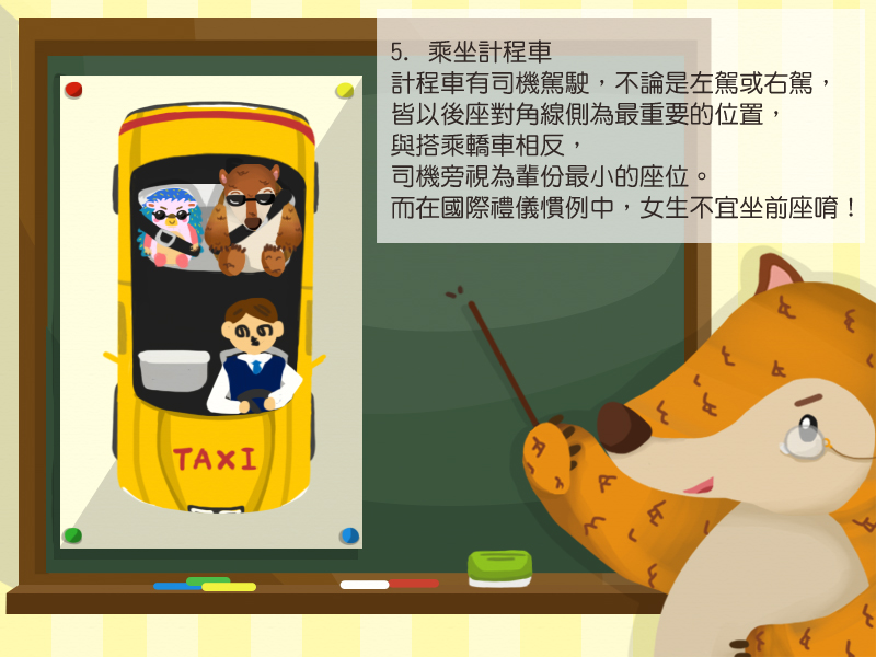 5.乘坐計程車計程車有司機駕駛,不論是左駕或右駕,皆以後座對角線側為最重要的位置,與搭乘轎車相反,司機旁視為輩份最小的座位。而在國際禮儀慣例中,女生不宜坐前座唷!